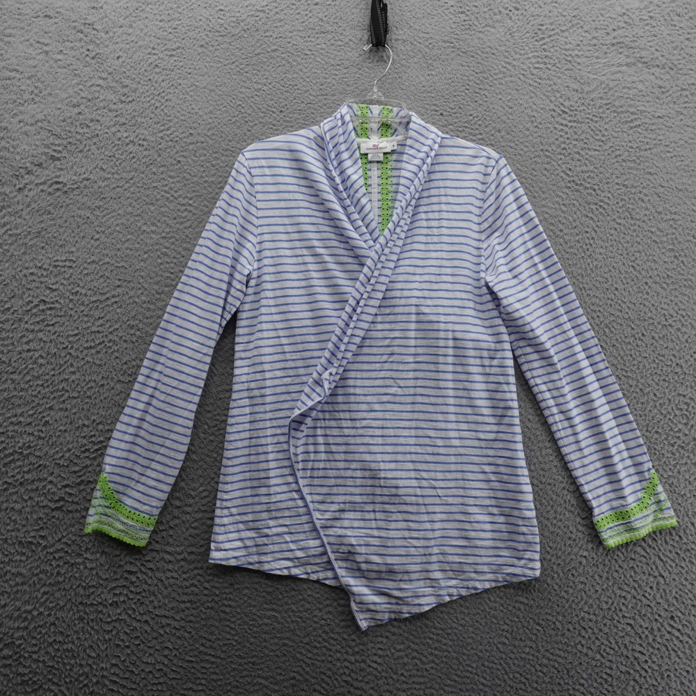 Vineyard Vines Open Knit Cardigan Sweater Medium White Blue Stripe Womens